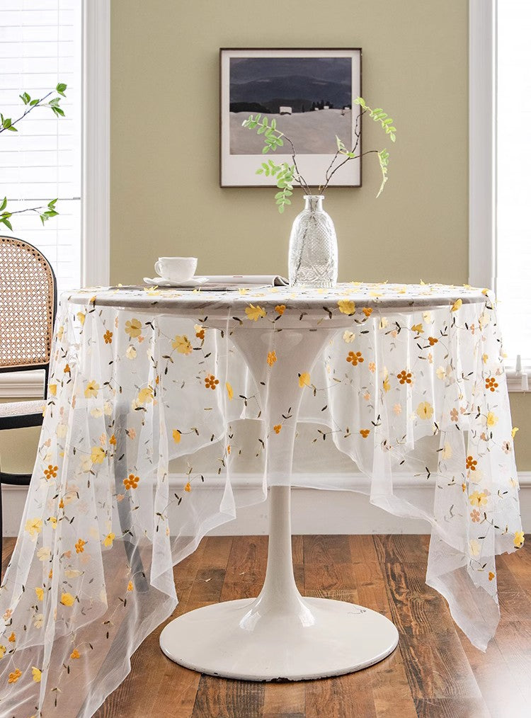 Yellow Flower Lace Tablecloths, Extra Large Rectangular Tablecloth for Oval Table, Lace Embroidered Table Covers, Rectangular Table Covers for Coffee Table-HomePaintingDecor