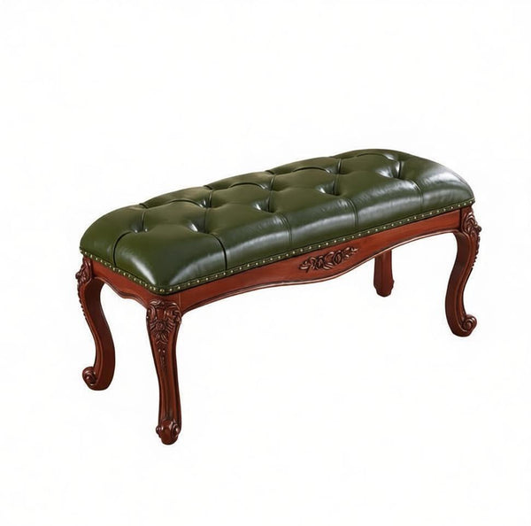 Farmhouse Entryway Bench, Leather Lounge Chair Modern, Green Leather Stool, Genuine Leather Solid Wood Entry Bench, Vintage Dressing Table Stool, Rubber Wood Footstool-HomePaintingDecor