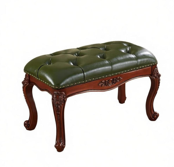 Farmhouse Entryway Bench, Leather Lounge Chair Modern, Green Leather Stool, Genuine Leather Solid Wood Entry Bench, Vintage Dressing Table Stool, Rubber Wood Footstool-HomePaintingDecor