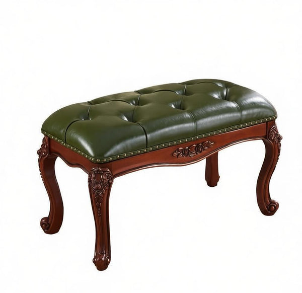 Farmhouse Entryway Bench, Leather Lounge Chair Modern, Green Leather Stool, Genuine Leather Solid Wood Entry Bench, Vintage Dressing Table Stool, Rubber Wood Footstool-HomePaintingDecor
