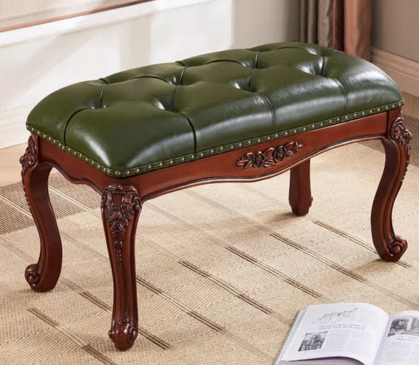 Farmhouse Entryway Bench, Leather Lounge Chair Modern, Green Leather Stool, Genuine Leather Solid Wood Entry Bench, Vintage Dressing Table Stool, Rubber Wood Footstool-HomePaintingDecor
