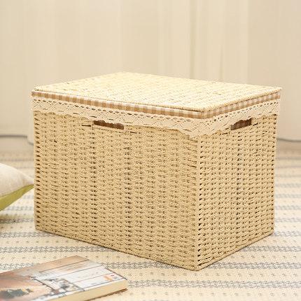 Large Deep Brown / Cream Color Woven Straw basket with Cover, Storage Basket for Toys, Rectangle Storage Basket, Storage Basket for Clothes-HomePaintingDecor