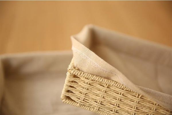 Woven Straw Storage Basket with Linen Lining, Storage Basket for Food, Rectangle Storage Basket for Kitchen-HomePaintingDecor