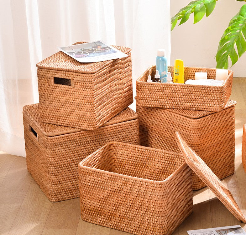 Small Handmade Rectangular Basket With Lip, Rattan Storage Basket, Kitchen And Bathroom Baskets, Rustic Woven Decor