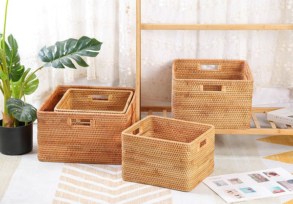 Storage Baskets for Kitchen, Woven Rattan Rectangular Storage Baskets, Wicker Storage Basket for Clothes, Storage Baskets for Bathroom, Storage Baskets for Toys