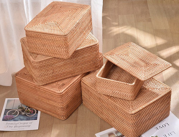 Large Storage Basket for Living Room, Storage Basket for Clothes, Woven Rattan Storage Baskets, Rectangular Storage Basket, Storage Basket with Lid-HomePaintingDecor