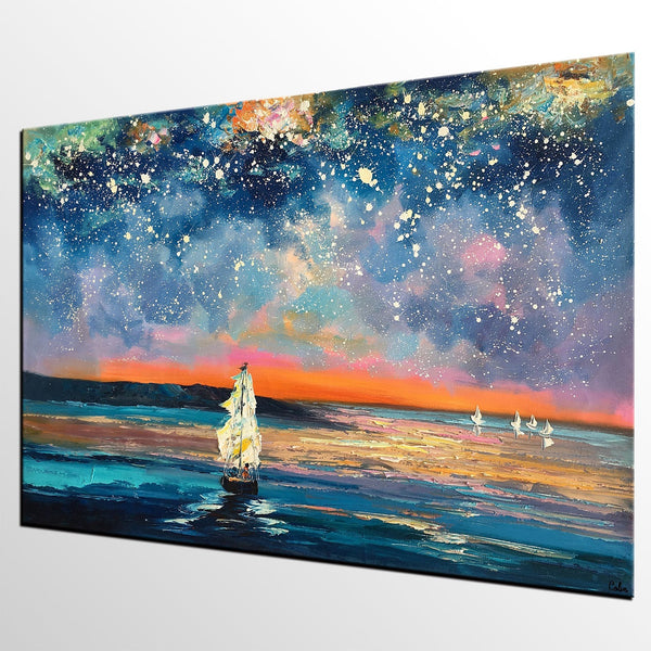 Landscape Canvas Painting, Large Canvas Wall Art, Starry Night Sky Painting, Custom Canvas Painting for Bedroom