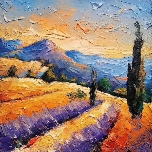 Simple Small Canvas Paintings, Original Small Landscape Paintings, Provence Lavender Field Cypress Tree Painting, Heavy Texture Acrylic Artwork, Easy Landscape Painting Ideas-HomePaintingDecor