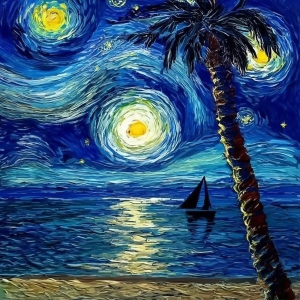 Heavy Texture Canvas Art, Easy Seascape Painting Ideas, Simple Small Canvas Paintings, Palette Knife Paintings, Sail Boat under Starry Night Painting, Small Landscape Painting-HomePaintingDecor