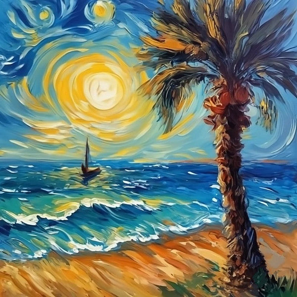 Palm Tree Sail Boat Seashore Beach Painting, Heavy Texture Canvas Art, Original Small Landscape Paintings, Small Palette Knife Oil Paintings, Easy Landscape Painting Ideas, Simple Small Canvas Paintings-HomePaintingDecor
