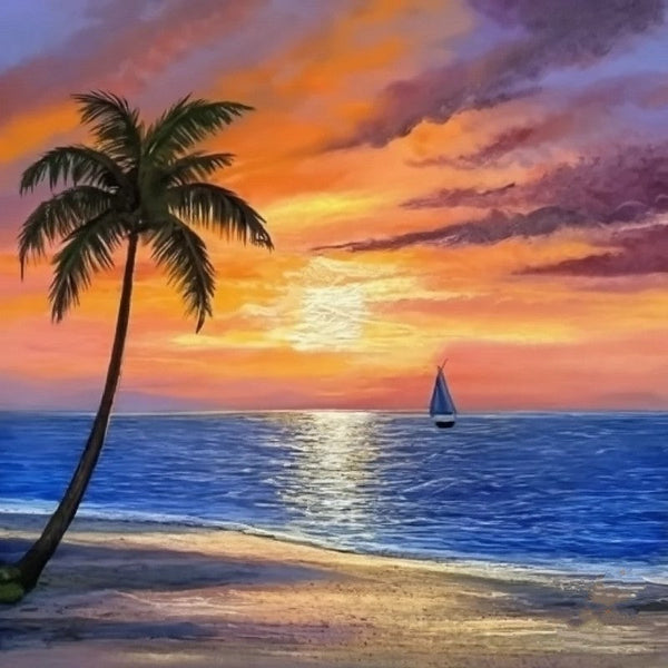 Original Small Landscape Paintings, Hawaii Seashore Beach Sail Boat Sunset Painting, Simple Small Canvas Paintings, Heavy Texture Acrylic Artwork, Easy Landscape Painting Ideas-HomePaintingDecor