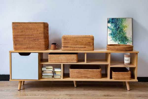 Storage Baskets with Lid, Rectangular Storage Baskets, Storage Baskets for Clothes, Pantry Storage Baskets, Rattan Woven Storage Basket for Bedroom-HomePaintingDecor