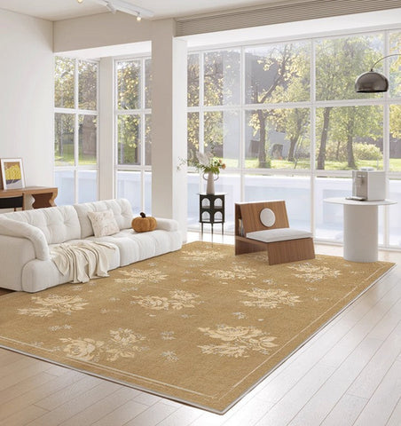 Flower Pattern French Style Modern Rugs for Dining Room, Contemporary Modern Rugs, Mid Century Modern Rugs for Interior Design, Yellow Soft Rugs under Coffee Table-HomePaintingDecor