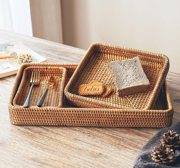 Rectangular Storage Baskets, Woven Rattan Storage Basket, Kitchen Storage Baskets, Storage Baskets for Shelves, Set of 3-HomePaintingDecor