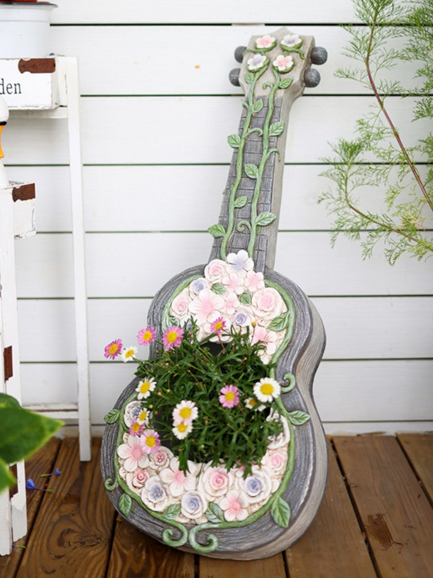 Unique Guitar Flowerpot For Garden Ornaments, Resin Planter Sculpture, Musical Instrument Decor, Outdoor Courtyard Art