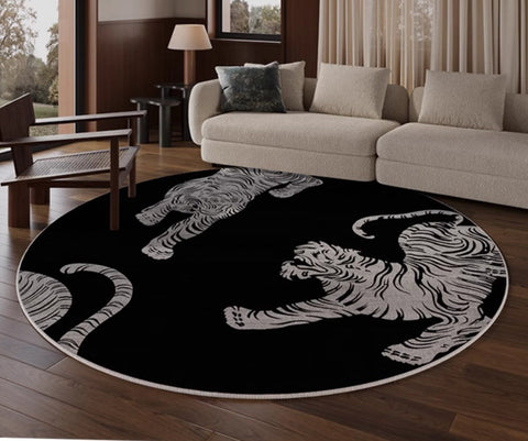 Modern Rugs for Dining Room, Tiger Black Modern Rugs for Bathroom, Abstract Contemporary Round Rugs, Circular Modern Rugs under Coffee Table-HomePaintingDecor