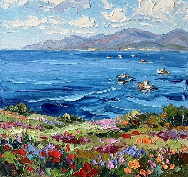 Impasto Painting, Heavy Texture Paintings on Canvas, Blooms Under Sunny Sea Sky, Original Seashore Paintings, Small Canvas Art