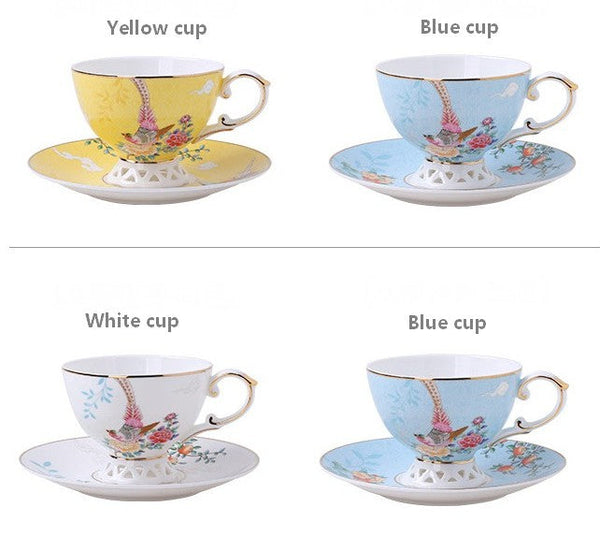 Elegant Oriental Pheasant Ceramic Cups, Beautiful Bird Pattern Tea Cups, 8 oz Porcelain Tea Cup Saucer Set of 2 Cups, Unique Tea Cup and Saucer in Gift Box-HomePaintingDecor