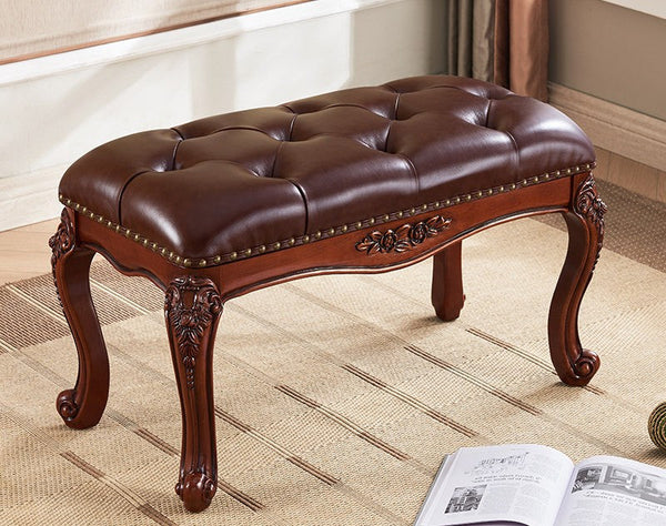 Dark Brown Leather Stool, Genuine Leather Solid Wood Entry Bench, Vintage Dressing Table Stool, Rubber Wood Footstool, Farmhouse Entryway Bench, Leather Lounge Chair Modern-HomePaintingDecor
