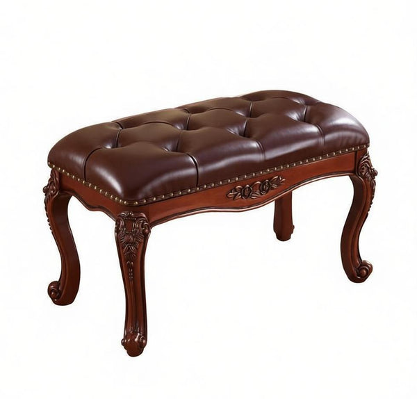 Dark Brown Leather Stool, Genuine Leather Solid Wood Entry Bench, Vintage Dressing Table Stool, Rubber Wood Footstool, Farmhouse Entryway Bench, Leather Lounge Chair Modern-HomePaintingDecor