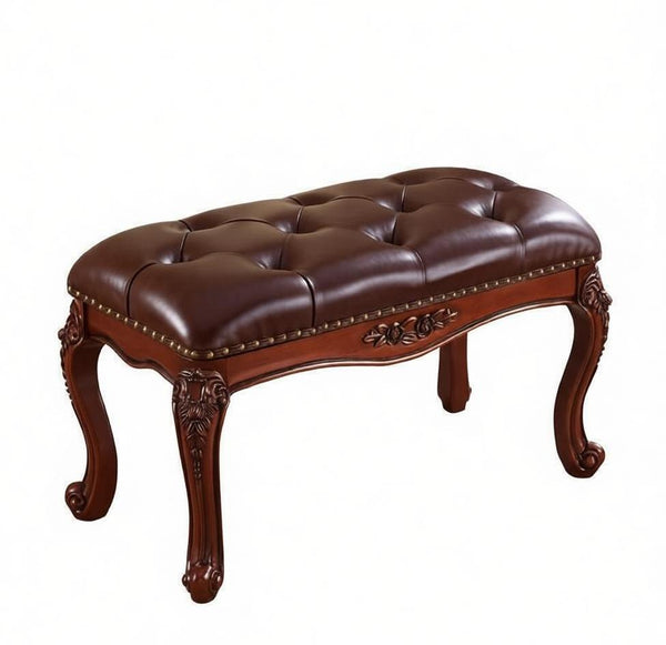 Dark Brown Leather Stool, Genuine Leather Solid Wood Entry Bench, Vintage Dressing Table Stool, Rubber Wood Footstool, Farmhouse Entryway Bench, Leather Lounge Chair Modern-HomePaintingDecor