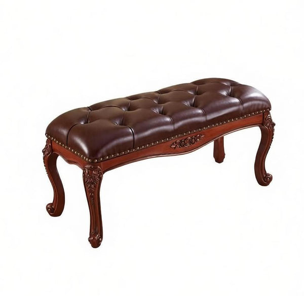 Vintage Dressing Table Stool, Rubber Wood Footstool, Brown Leather Stool, Genuine Leather Solid Wood Entry Bench, Farmhouse Entryway Bench, Leather Lounge Chair-HomePaintingDecor