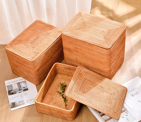 Woven Rattan Baskets, Rectangular Basket with Lid, Rectangular Storage Baskets, Storage Basket for Bedroom, Kitchen Storage Baskets