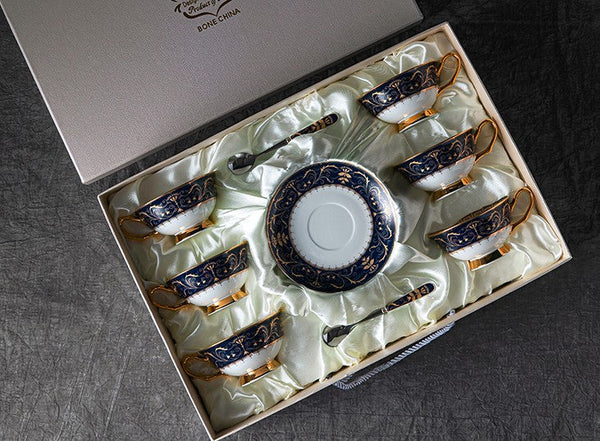 Unique Blue Tea Cup and Saucer in Gift Box, Blue Bone China Porcelain Tea Cup Set, Royal Ceramic Cups, Elegant Ceramic Coffee Cups-HomePaintingDecor