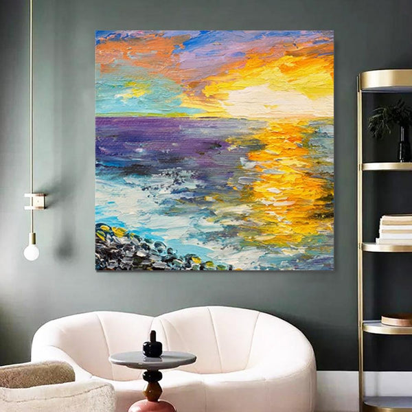 Seascape Sunrise Painting, Abstract Landscape Painting, Landscape Paintings for Living Room, Heavy Texture Wall Art Painting, Bedroom Wall Art Ideas-HomePaintingDecor