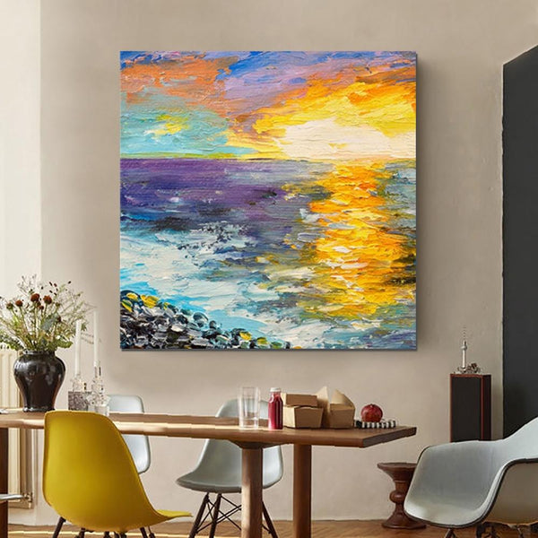 Seascape Sunrise Painting, Abstract Landscape Painting, Landscape Paintings for Living Room, Heavy Texture Wall Art Painting, Bedroom Wall Art Ideas-HomePaintingDecor