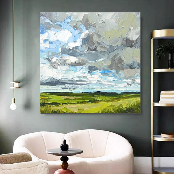 Abstract Landscape Painting, Grass Land under Sky Painting, Large Acrylic Paintings for Bedroom, Heavy Texture Canvas Art, Landscape Paintings for Living Room-HomePaintingDecor