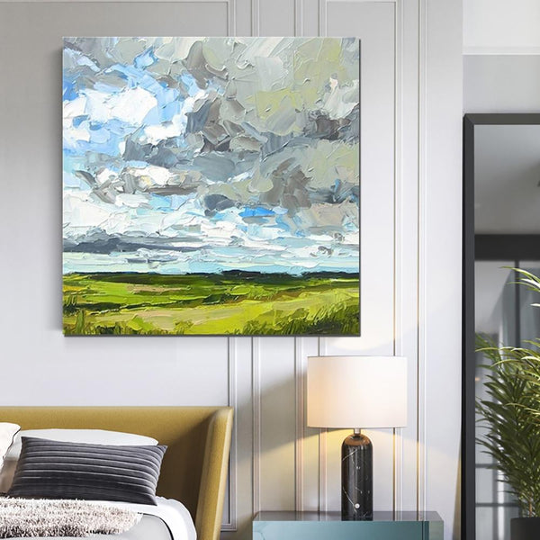 Abstract Landscape Painting, Grass Land under Sky Painting, Large Acrylic Paintings for Bedroom, Heavy Texture Canvas Art, Landscape Paintings for Living Room-HomePaintingDecor