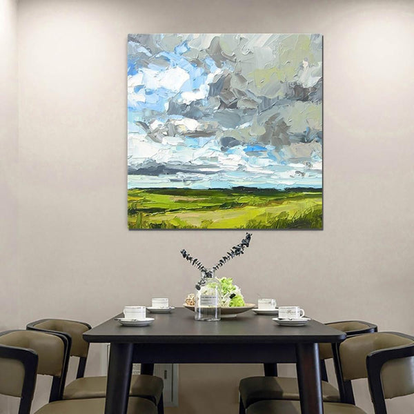Abstract Landscape Painting, Grass Land under Sky Painting, Large Acrylic Paintings for Bedroom, Heavy Texture Canvas Art, Landscape Paintings for Living Room-HomePaintingDecor