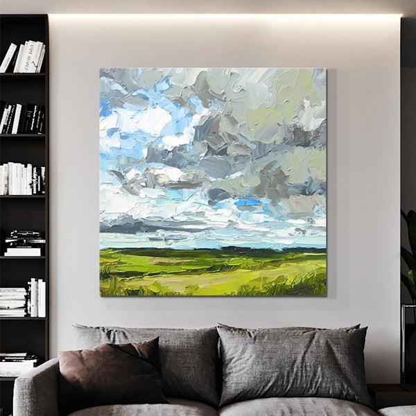 Abstract Landscape Painting, Grass Land under Sky Painting, Large Acrylic Paintings for Bedroom, Heavy Texture Canvas Art, Landscape Paintings for Living Room-HomePaintingDecor