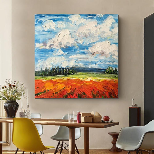 Red Poppy Field and Sky, Abstract Landscape Painting, Landscape Paintings for Living Room, Large Landscape Painting for Dining Room, Heavy Texture Painting-HomePaintingDecor
