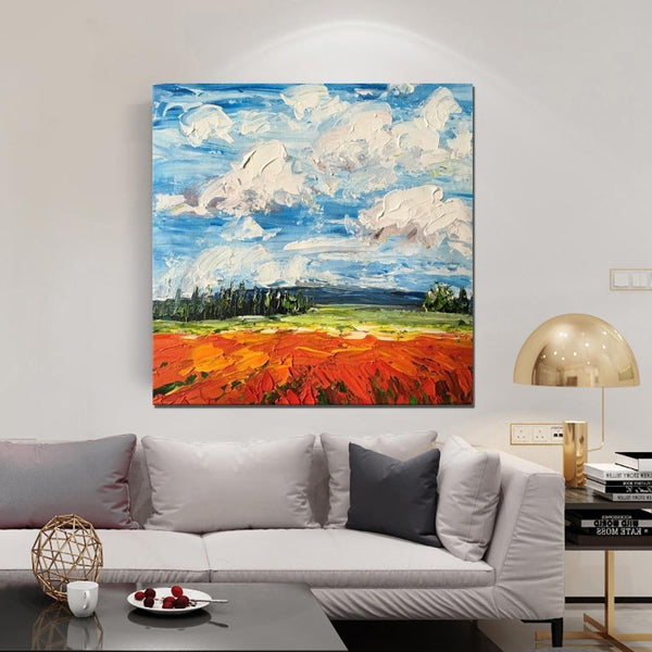 Red Poppy Field and Sky, Abstract Landscape Painting, Landscape Paintings for Living Room, Large Landscape Painting for Dining Room, Heavy Texture Painting-HomePaintingDecor