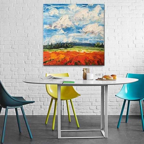 Red Poppy Field and Sky, Abstract Landscape Painting, Landscape Paintings for Living Room, Large Landscape Painting for Dining Room, Heavy Texture Painting-HomePaintingDecor