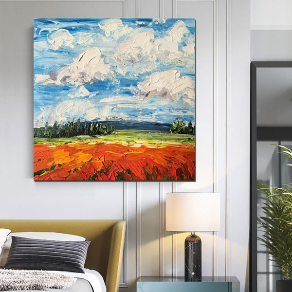 Red Poppy Field and Sky, Abstract Landscape Painting, Landscape Paintings for Living Room, Large Landscape Painting for Dining Room, Heavy Texture Painting-HomePaintingDecor