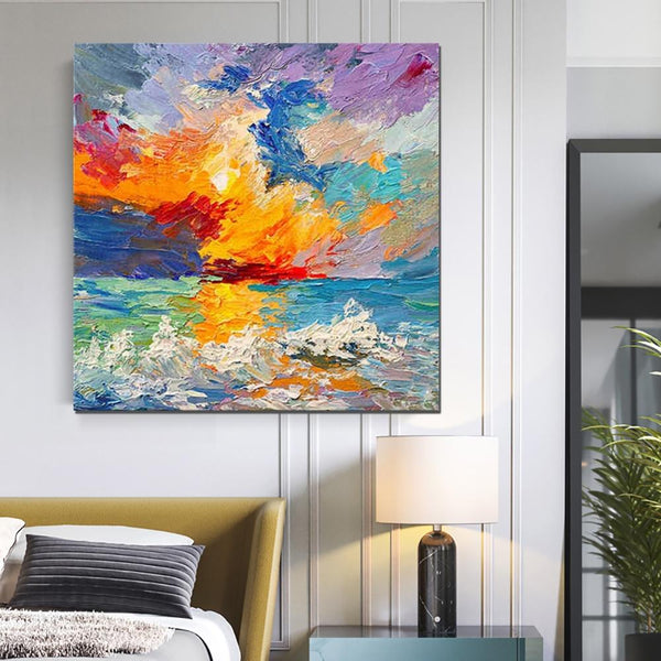 Abstract Landscape Painting, Seascape Sunrise Painting, Large Landscape Painting for Sale, Heavy Texture Art Painting, Landscape Paintings for Living Room-HomePaintingDecor