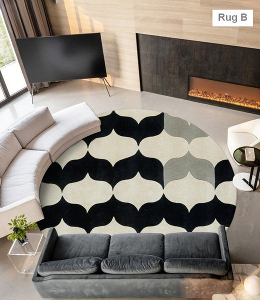 Modern Wool Rugs for Living Room, Modern Rugs for Bedroom, Coffee Table Round Rugs, Black and White Modern Wool Rugs, Abstract Round Modern Rug for Dining Room Table-HomePaintingDecor