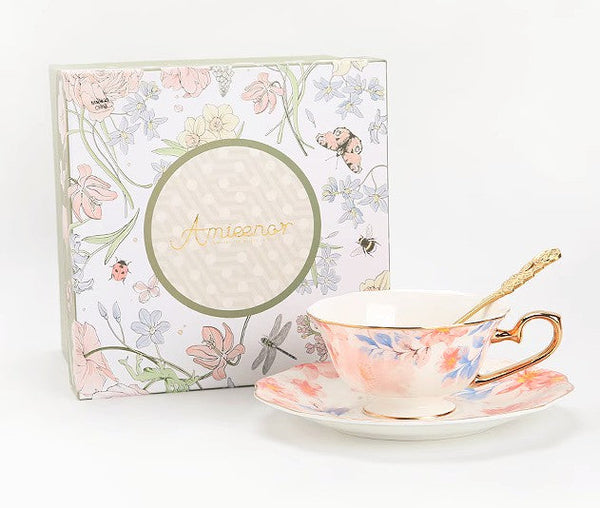 Flower Bone China Porcelain Tea Cup Set, Unique Tea Cup and Saucer in Gift Box,British Royal Ceramic Cups for Afternoon Tea, Elegant Ceramic Coffee Cups-HomePaintingDecor