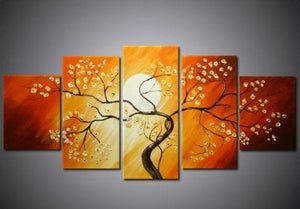 Flower Tree under Moon Painting, 5 Piece Canvas Art, Abstract Painting, Bedroom Canvas Painting-HomePaintingDecor