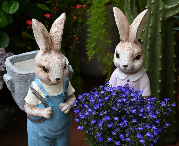 Large Rabbit Lovers Statue for Garden, Bunny Flowerpot, Garden Courtyard Ornament, Villa Outdoor Decor Gardening Ideas, Modern Garden Sculptures-HomePaintingDecor