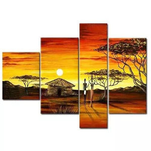African Pinting, 4 Piece Canvas Art, Acrylic Painting for Sale, Large Landscape Painting, African Woman Village Sunset Painting-HomePaintingDecor