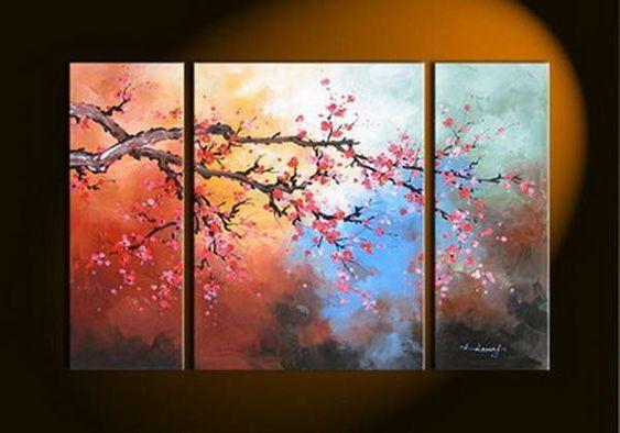 Plum Tree Flower Painting, Bedroom Wall Art Paintings, Living Room Wall Art Ideas, 3 Piece Canvas Art, Flower Acrylic Paintings-HomePaintingDecor