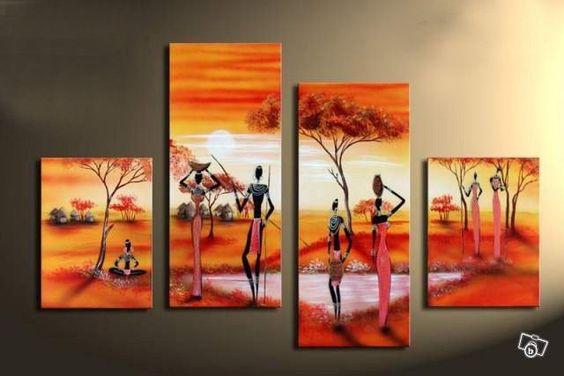 African Woman Painting, 4 Piece Canvas Art, Landscape Canvas Paintings, Hand Painted Canvas Art, Oil Painting for Sale-HomePaintingDecor
