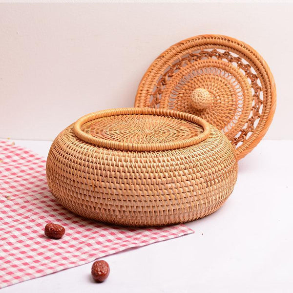 Woven Storage Basket with Lid, Lovely Rattan Round Storage Basket, Round Storage Basket for Kitchen-HomePaintingDecor