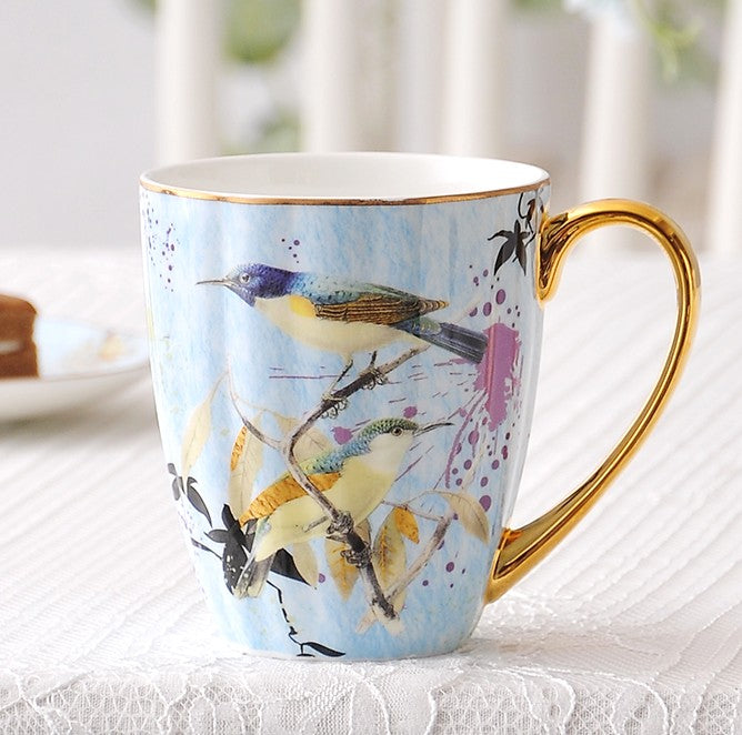 Large Creative Bone China Porcelain Mug, Elegant Blue Ceramic Coffee Mug, Beautiful Bird Flower Ceramic Mug, Large Capacity Ceramic Mugs for Office-HomePaintingDecor