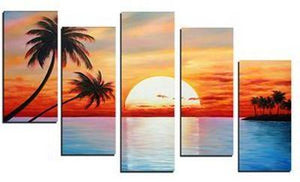 5 Piece Canvas Painting, Beach Palm Tree Sunset Painting, Landscape Canvas Painting, Acrylic Painting for Living Room-HomePaintingDecor