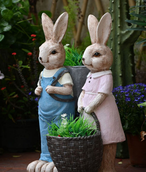 Large Rabbit Lovers Statue for Garden, Bunny Flowerpot, Garden Courtyard Ornament, Villa Outdoor Decor Gardening Ideas, Modern Garden Sculptures-HomePaintingDecor